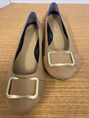 Rothy's Tan Flats with Gold Rectangular Buckle